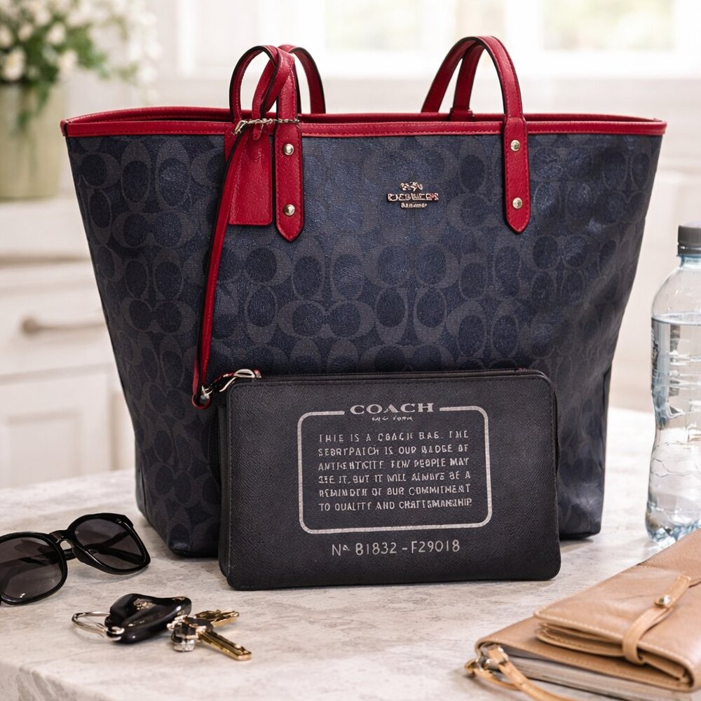 Coach Reversible Signature Logo Navy Tote with Red Trim & Detachable Pouch - Picture 2 of 7